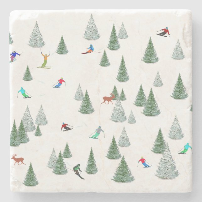 Skiers Downhill Skiing Illustration  Stone Coaster (Front)