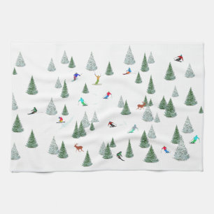 Skiers Downhill Skiing Illustration Tea Towel