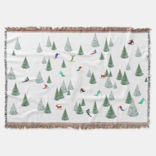Skiers Downhill Skiing Illustration  Throw Blanket