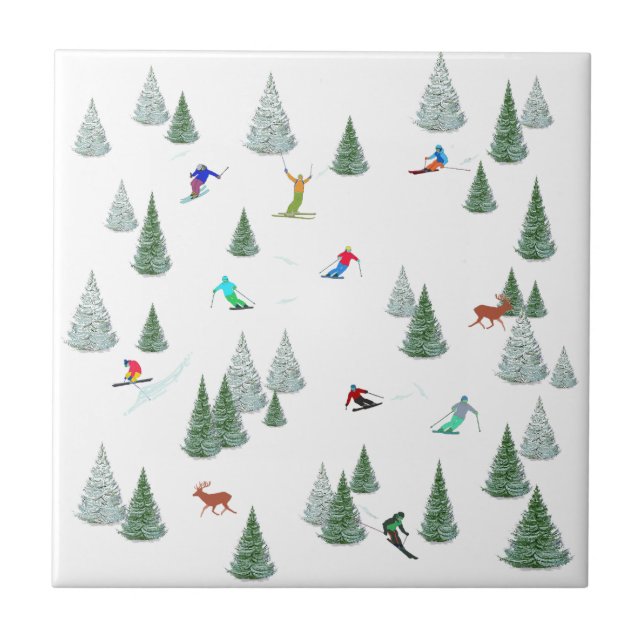 Skiers Downhill Skiing Illustration White  Tile (Front)
