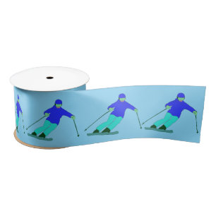 Skiers Downhill Skiing Sky Blue Satin Ribbon