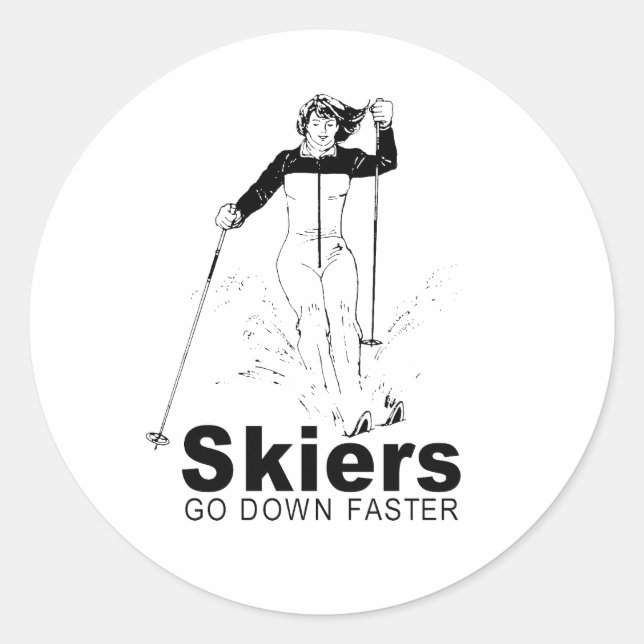 skiers go down faster classic round sticker (Front)
