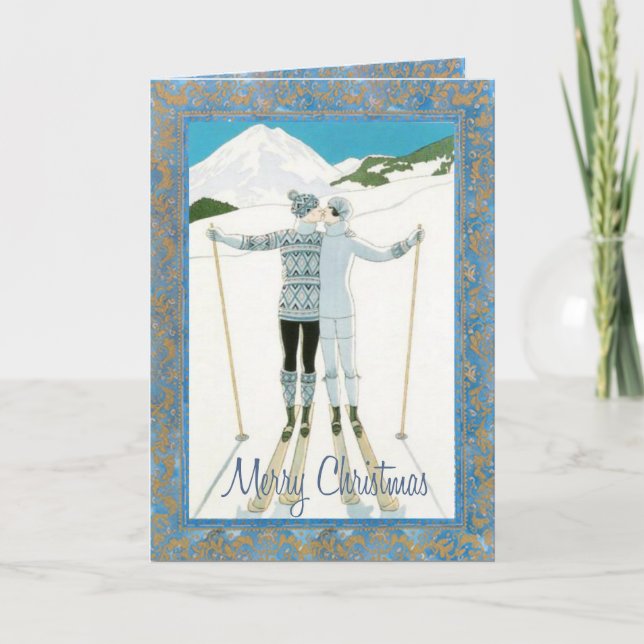 Skiers in Love Christmas Card (Front)