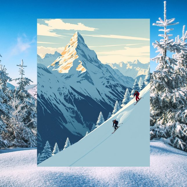 Skiers in the Swiss Alps Travel Vintage Postcard (Two Skiers )