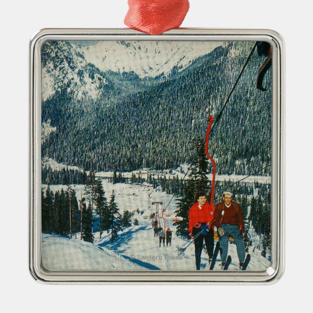 Skiers on the ChairliftSnoqualmie Pass, WA Metal Tree Decoration (Front)