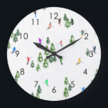 Skiers Skiing Illustration Ski Winter Slope Large Clock<br><div class="desc">Cool winter themed skier pattern design with skiers skiing down alpine ski resort slopes among snow covered fir trees in alps. Freeride skiers are wearing colourful vintage retro ski suits, skiing downhill with skis on a white snowy mountain landscape background. Wonderful winter sport fun gift for a skier in your...</div>
