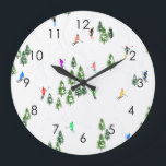 Skiers Skiing Illustration Ski Winter Slope Large Clock<br><div class="desc">Cool winter themed skier pattern design with skiers skiing down alpine ski resort slopes among snow covered fir trees in alps. Freeride skiers are wearing colourful vintage retro ski suits, skiing downhill with skis on a white snowy mountain landscape background. Wonderful winter sport fun gift for a skier in your...</div>