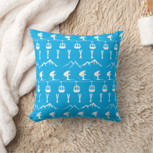 Skiers Skiing with Mountains and Cable Cars Cushion