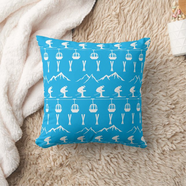 Skiers Skiing with Mountains and Cable Cars Cushion (Blanket)