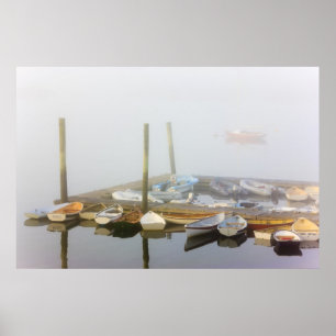 Skiffs and morning fog in Southwest Harbor, Poster
