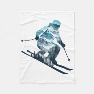 Skiing Adventure Mountain Silhouette Ski Rider  Fleece Blanket