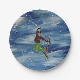 Skiing art paper plate