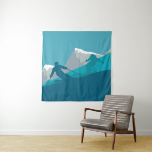 Skiing At Mountains - Skiers Abstract Illustration Tapestry