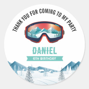 Skiing Birthday Party Snowboard  Classic Round Sticker