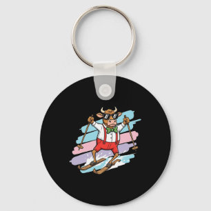 Skiing Bull Cartoon Cool Cow On Skis Pastel Stripe Key Ring