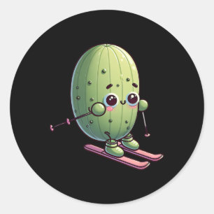 Skiing Cactus Cute Alpine Snow Kawaii Cartoon  Classic Round Sticker