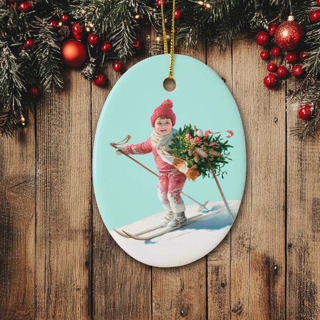 Skiing Child Delivering Christmas Bouquet Ceramic Tree Decoration (Creator Uploaded)