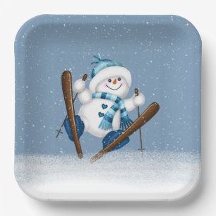 Skiing Christmas Snowman  Paper Plate