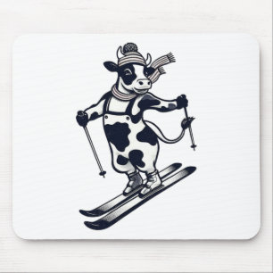 Skiing Cow, Downhill Skiing Holstein, Retro Cow On Mouse Pad