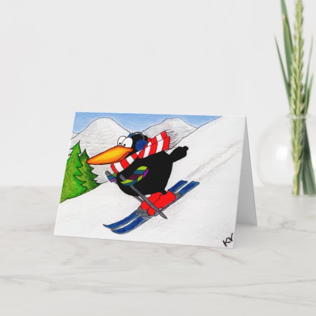 Skiing Crow cartoon funny Christmas card (Front)