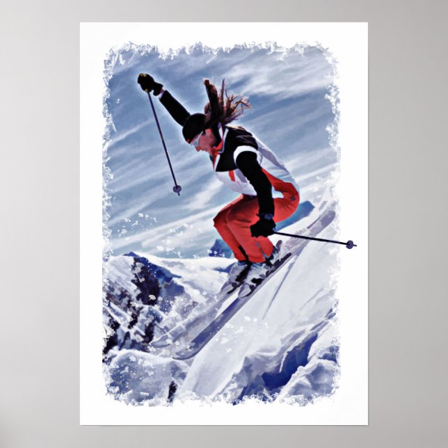 Skiing Down the Mountain in Red Poster (Front)