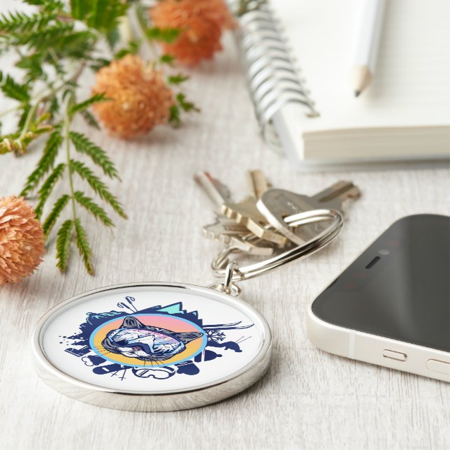 Skiing Fan Cat with Ski Glasses Key Ring (Side)