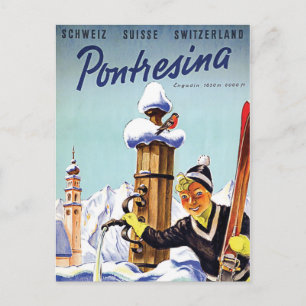 Skiing girl in Pontresina, Switzerland Postcard