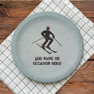 Skiing Guy on galvanised steel look male party Paper Plate