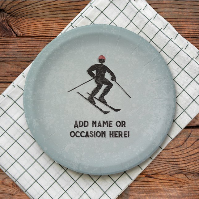 Skiing Guy on galvanised steel look male party Paper Plate (Creator Uploaded)