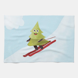 Skiing Happy Pine Tree Winter Tea Towel