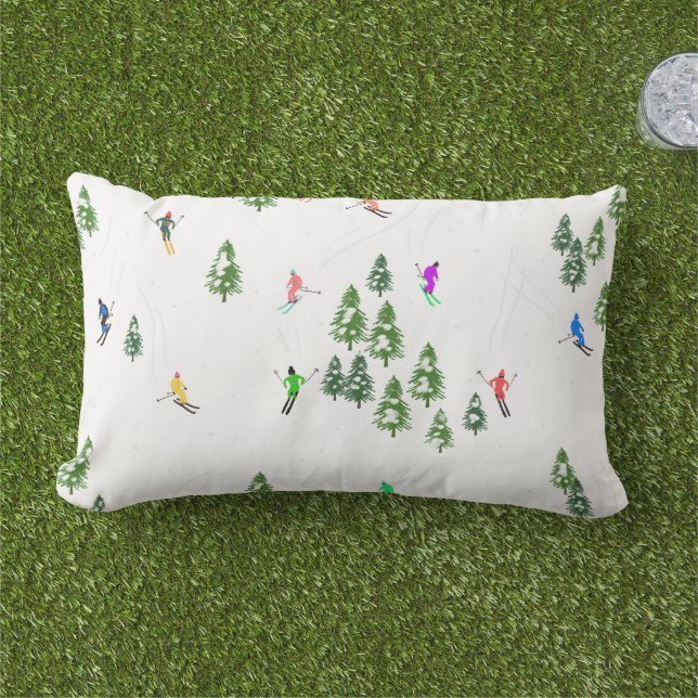 Skiing Illustration Skiers Ski Outdoor Lumbar Cushion (Grass)