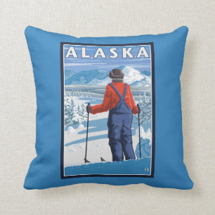 Skiing in Alaska Vintage Travel Poster Cushion
