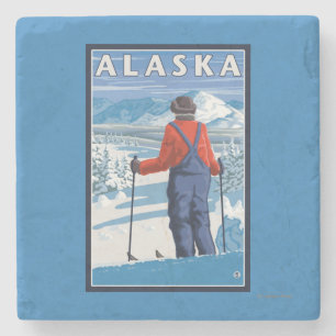 Skiing in Alaska Vintage Travel Poster Stone Coaster
