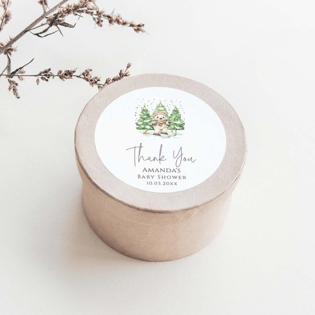 Skiing Into Parenthood Winter Baby Shower Classic Round Sticker (Creator Uploaded)