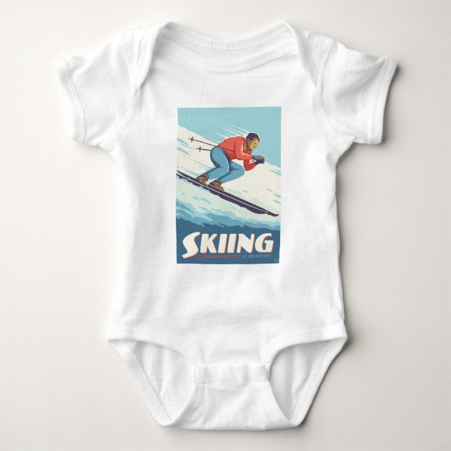 Skiing Is Believing Retro Print Baby Bodysuit (Front)