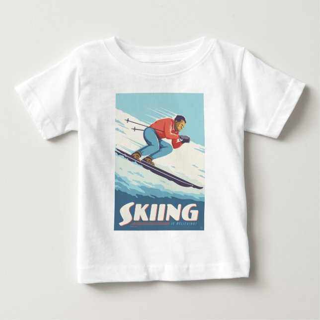 Skiing Is Believing Retro Print Baby T-Shirt (Front)