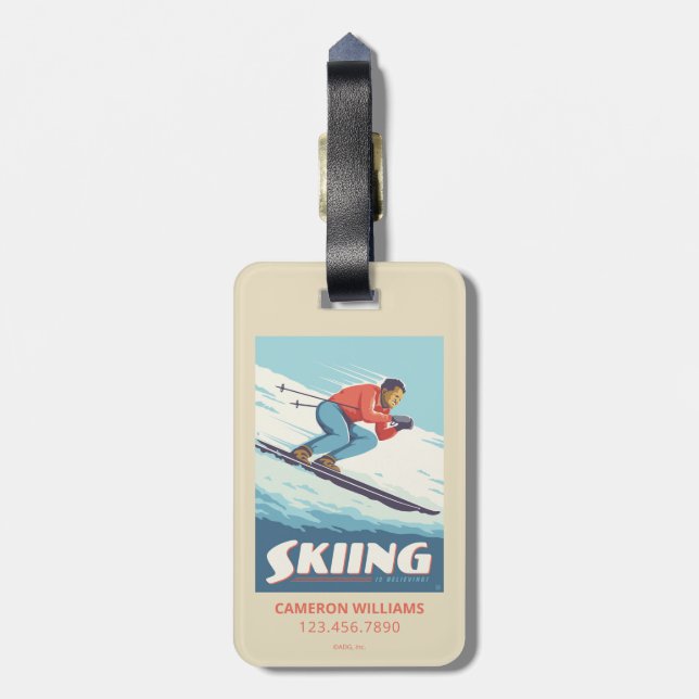 Skiing Is Believing Retro Print Luggage Tag (Back Vertical)