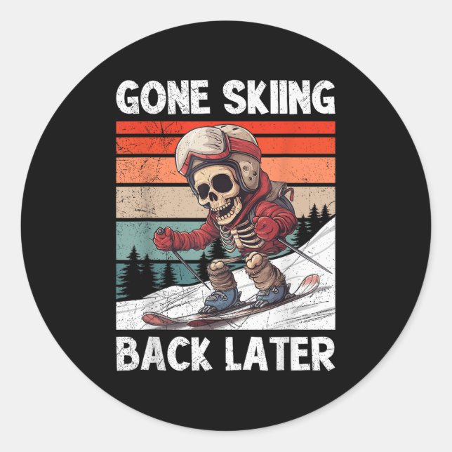 Skiing Kids Gone Skiing Back Later Funny Slope Hun Classic Round Sticker (Front)