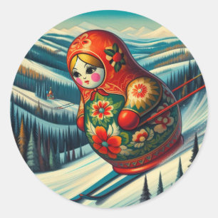 Skiing Matryoshka Doll Winter Snow Classic Round Sticker