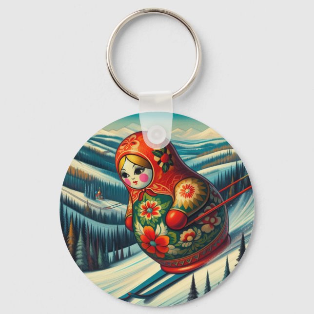 Skiing Matryoshka Doll Winter Snow Key Ring (Front)