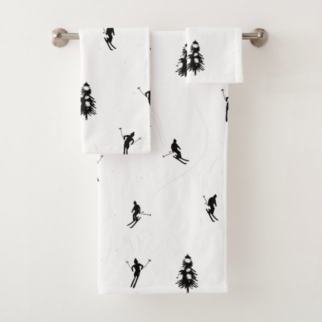 Skiing Modern Black & White Ski Skiers Theme   Bath Towel Set (Insitu)