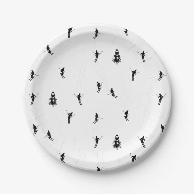 Skiing Modern Black & White Ski Skiers Theme  Paper Plate (Front)