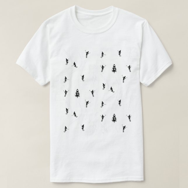 Skiing Modern Black & White Ski Skiers Theme T-Shirt (Design Front)
