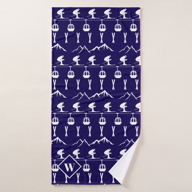 Skiing Mountains and Cable Cars Monogram Bath Towel (Bath Towel)