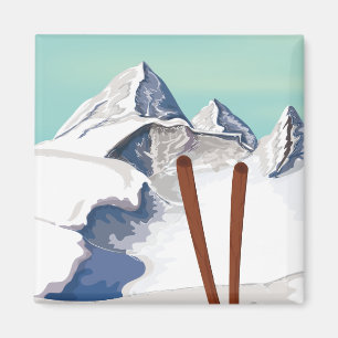Skiing Mountains travel poster Magnet