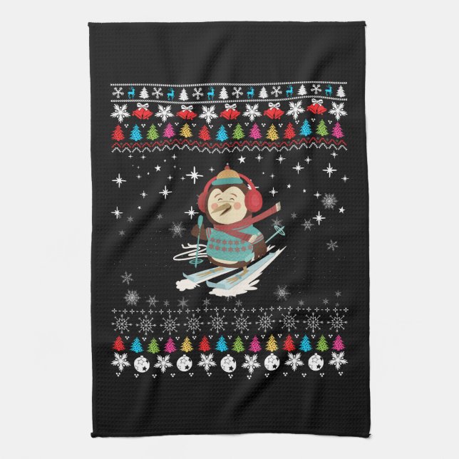 Skiing Penguin Christmas Tea Towel (Vertical)