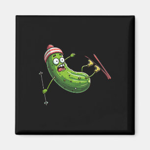 Skiing Pickle Cartoon Winter Slopes Crash  Magnet