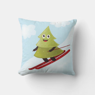 Skiing Pine Tree Cute Snow Sports Winter Cushion