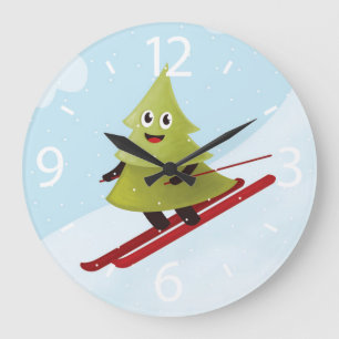 Skiing Pine Tree Cute Snow Sports Winter Large Clock