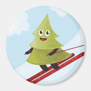 Skiing Pine Tree Cute Snow Sports Winter Magnet